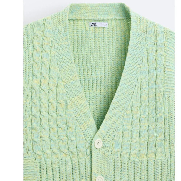 Zara  Textured Weave Woven Oversized Cardigan NWT Green Yellow Size XL - Picture 2 of 8